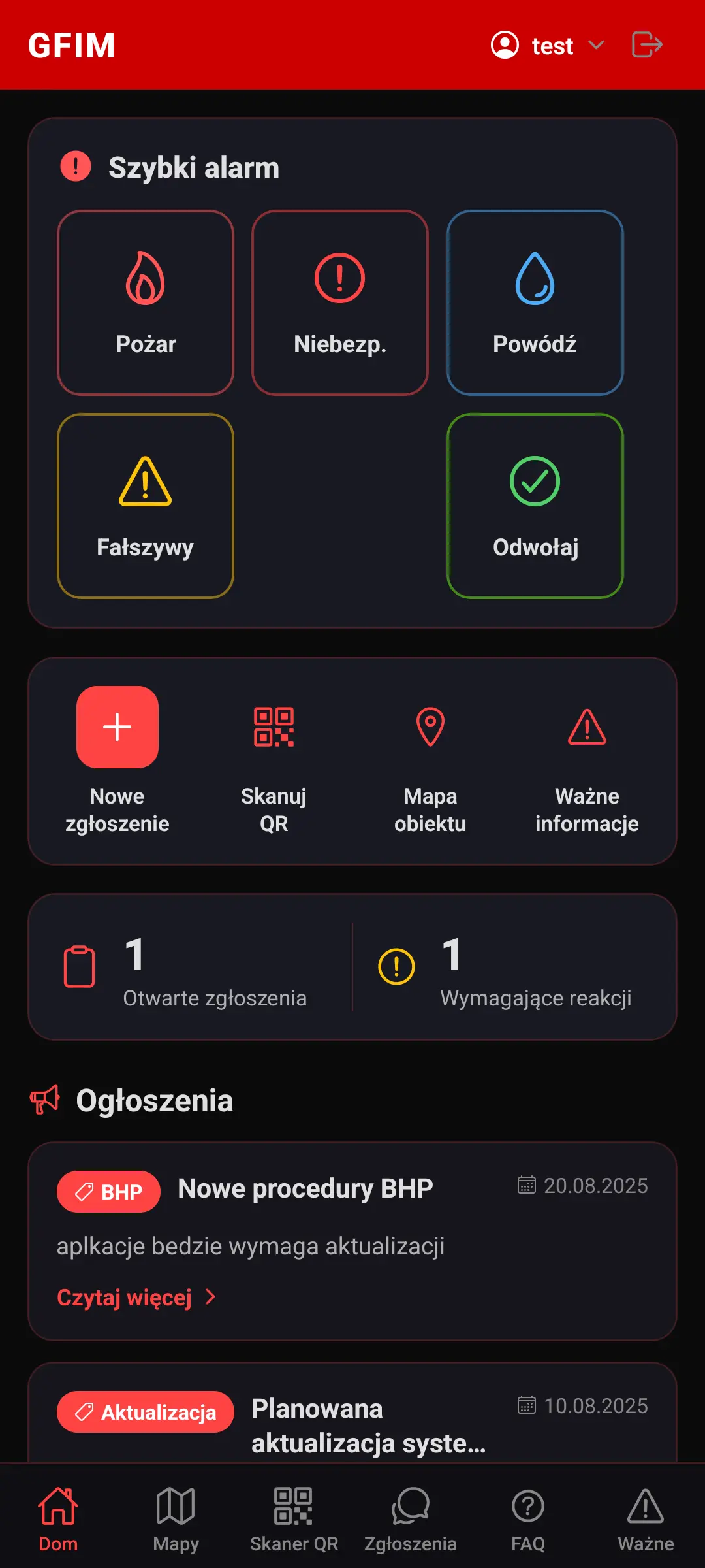 Ekran aplikacji Garda FIM